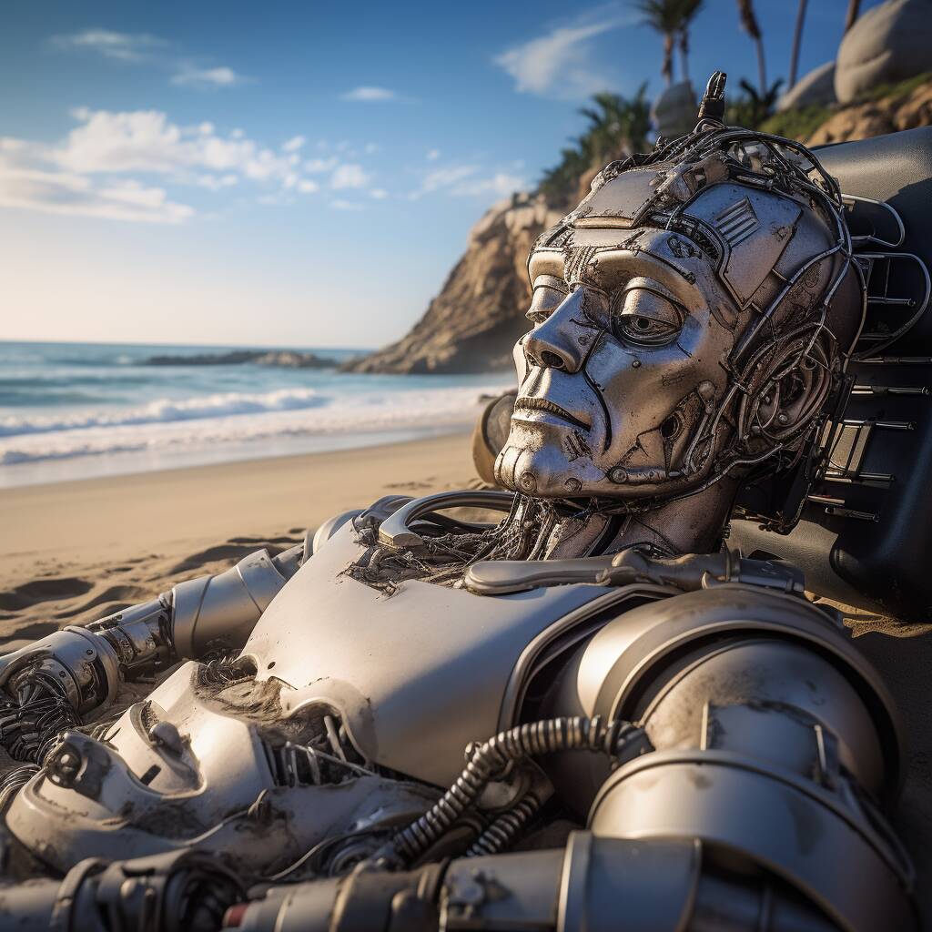 Day off at the beach. Even robot needs a break, catching digital dreams.