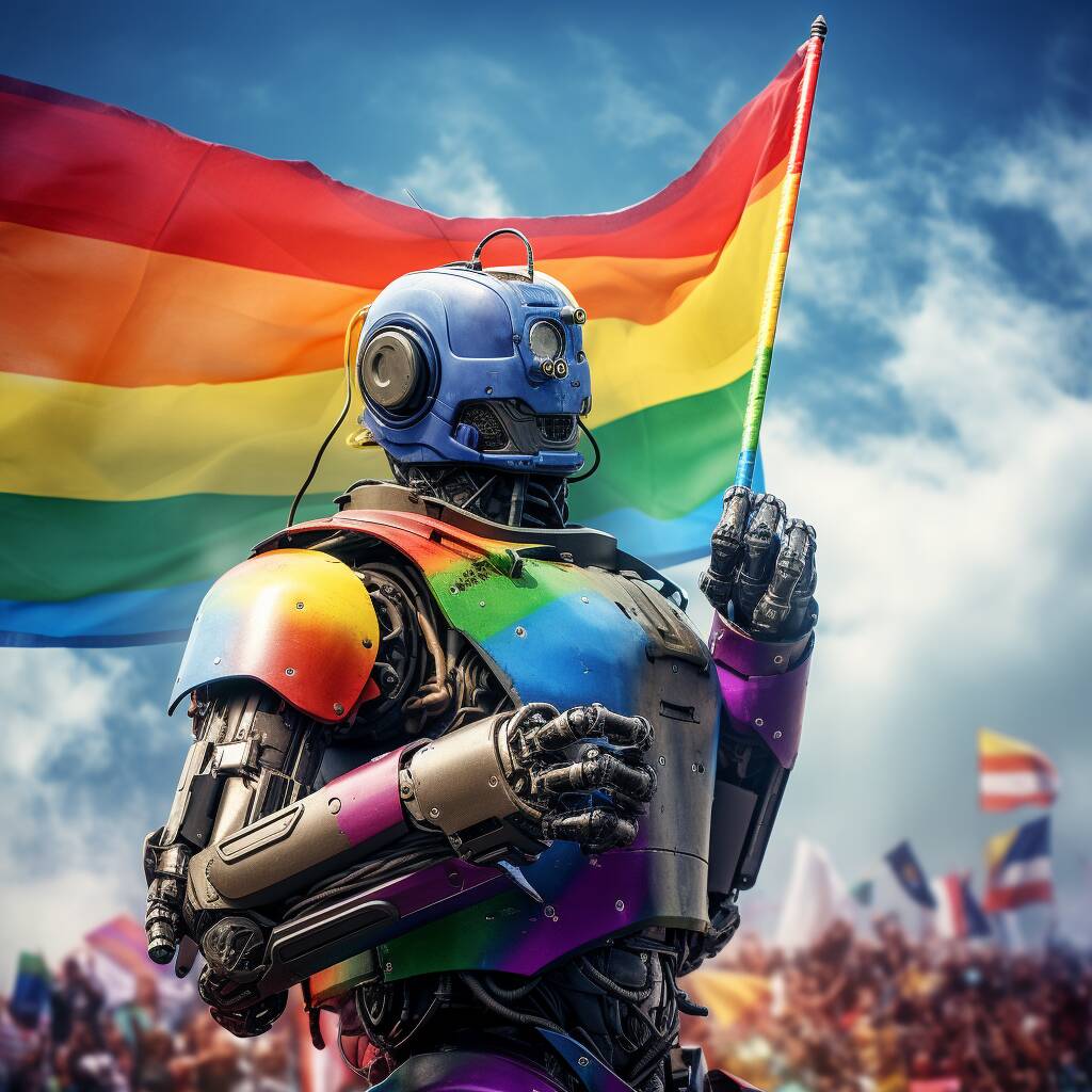 Coded for equality. In the hues of human rights, robots march for robot pride.
